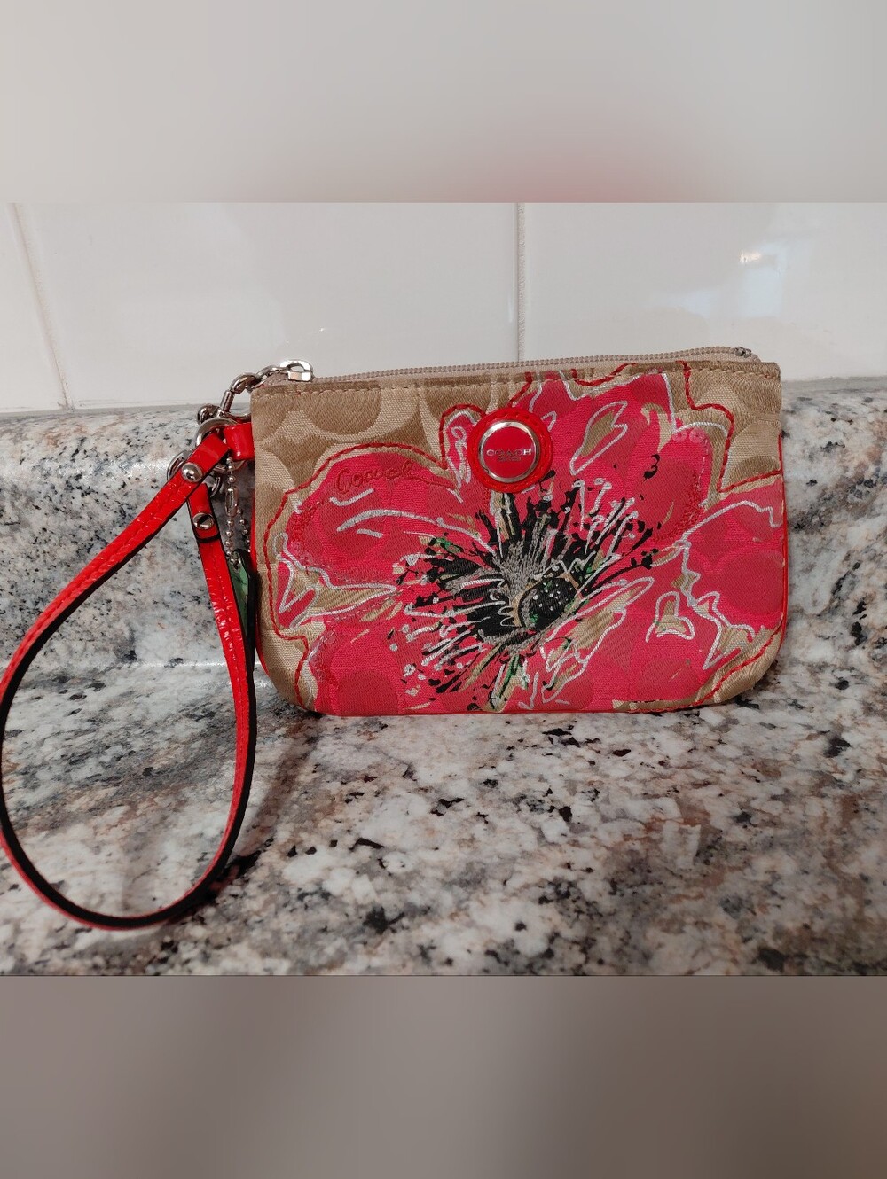 Coach Poppy Coral Floral Signature Canvas Wristlet